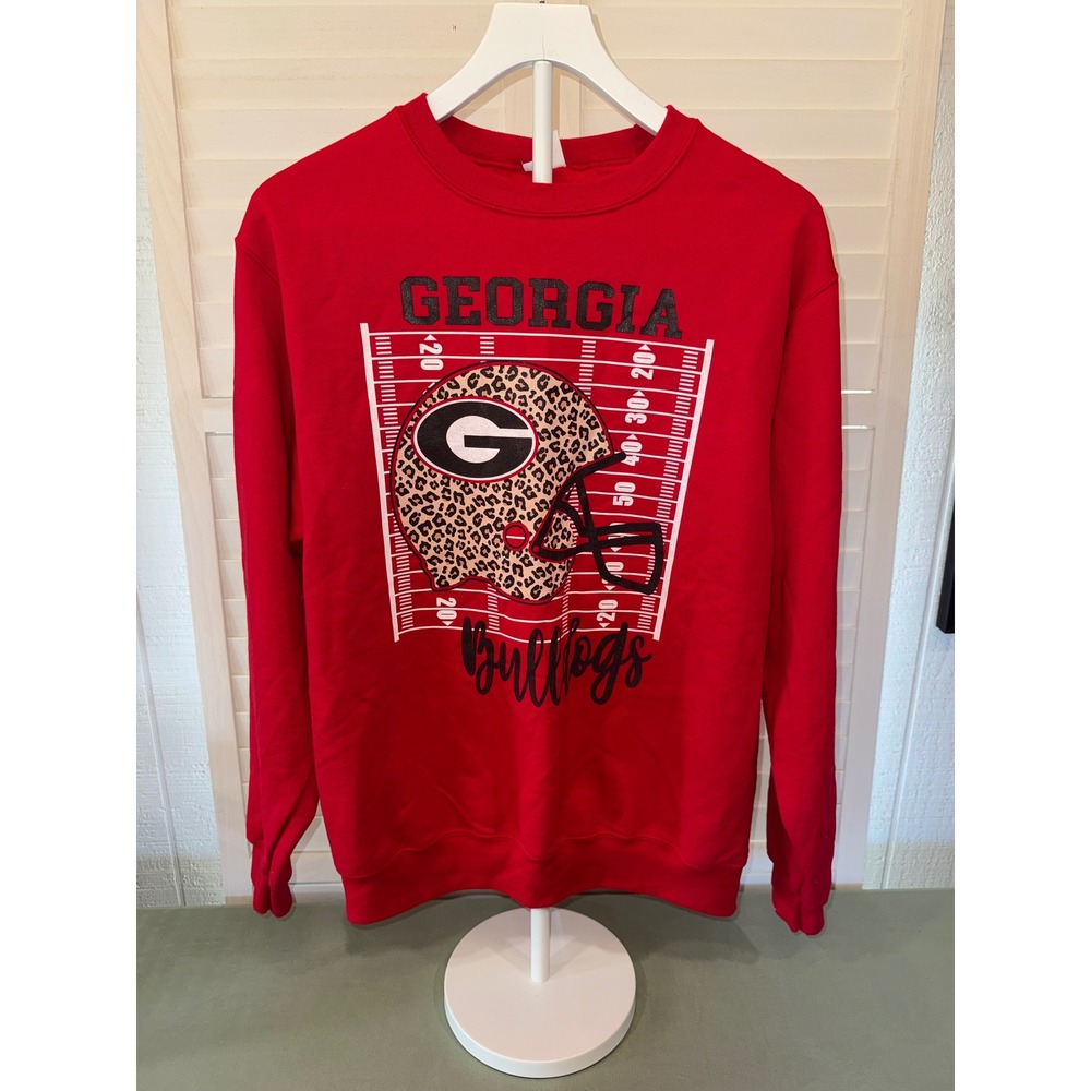 Port & Company Georgia Bulldogs Sweatshirt Women Red Leopard Helmet Medium